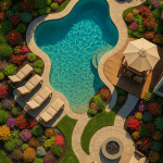 Aerial view of a creative backyard pool design with vibrant landscaping and stylish outdoor living spaces
