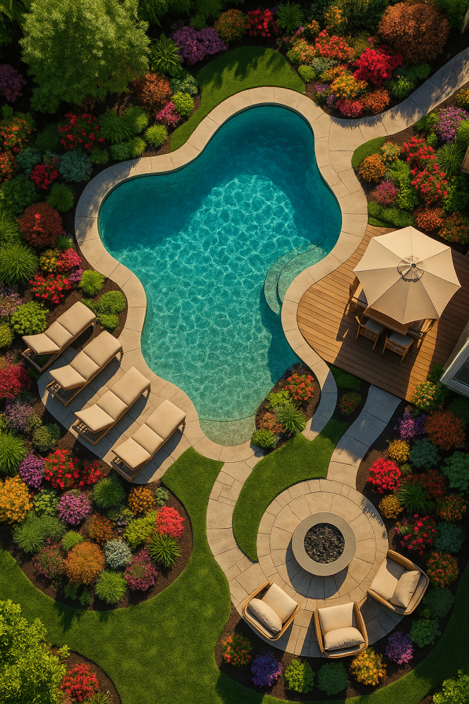 Aerial view of a creative backyard pool design with vibrant landscaping and stylish outdoor living spaces