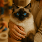Affectionate cat breeds represented by a Ragdoll cat cuddling with a family at home