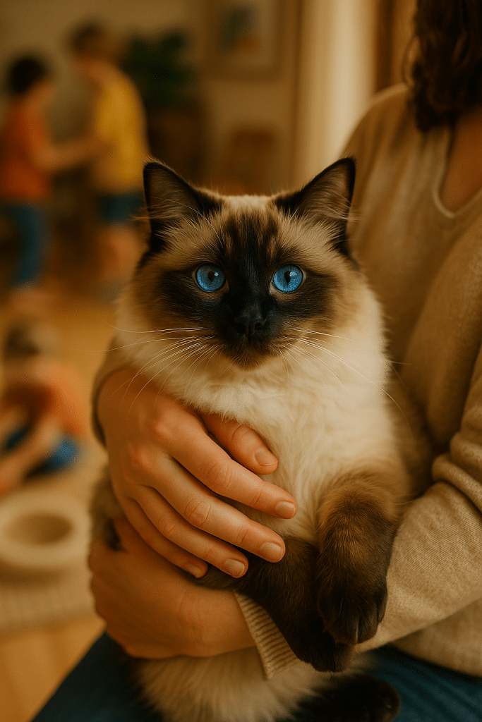 Affectionate cat breeds represented by a Ragdoll cat cuddling with a family at home