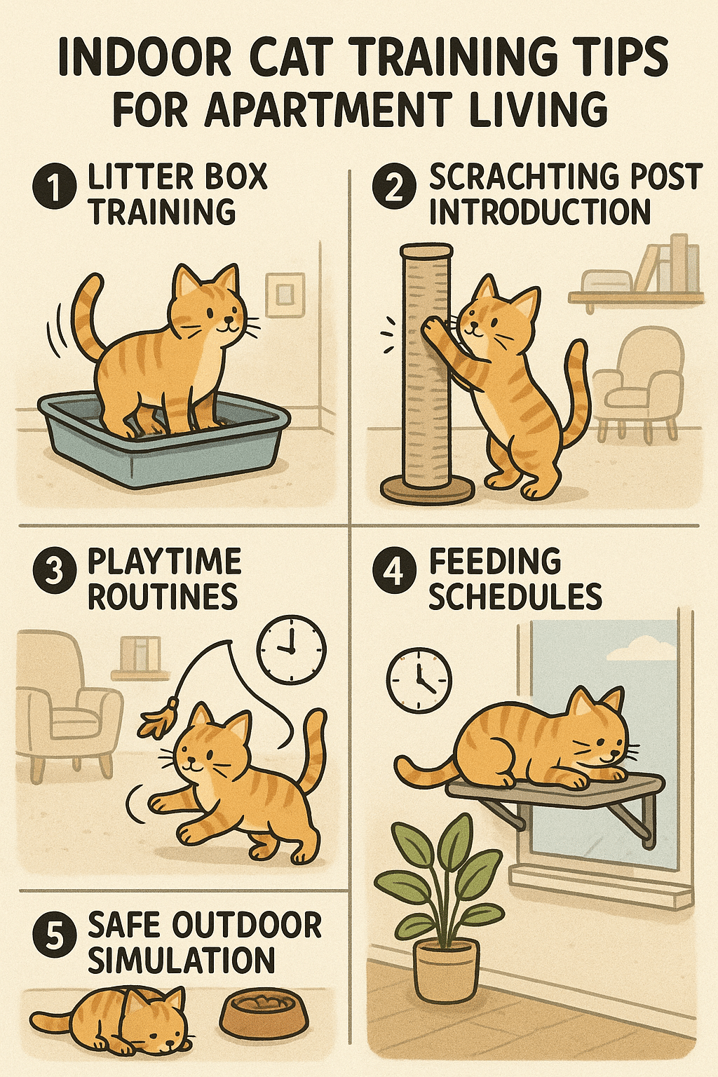 Apartment cat training tips diagram demonstrating key steps for best cats for apartments