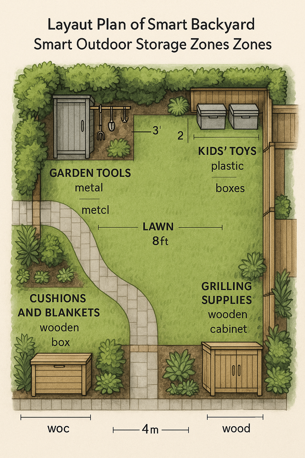 Backyard layout plan with labeled zones for outdoor storage solutions and materials