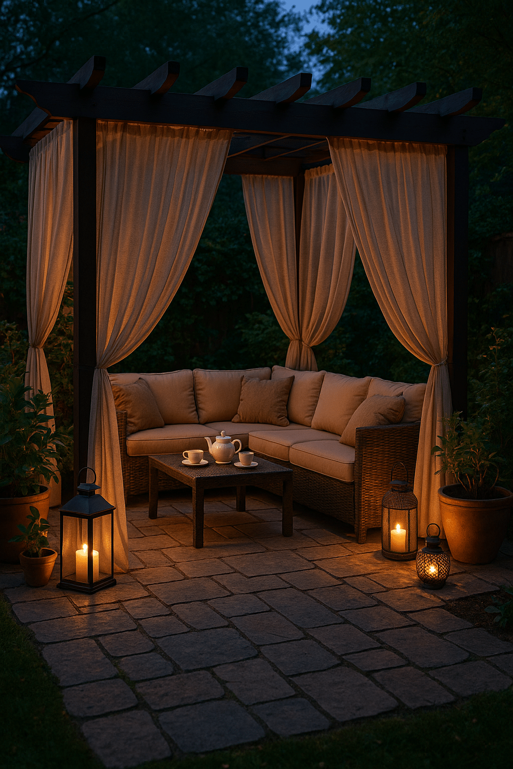 Backyard pergola with sheer curtains and plants showcasing a private outdoor living idea