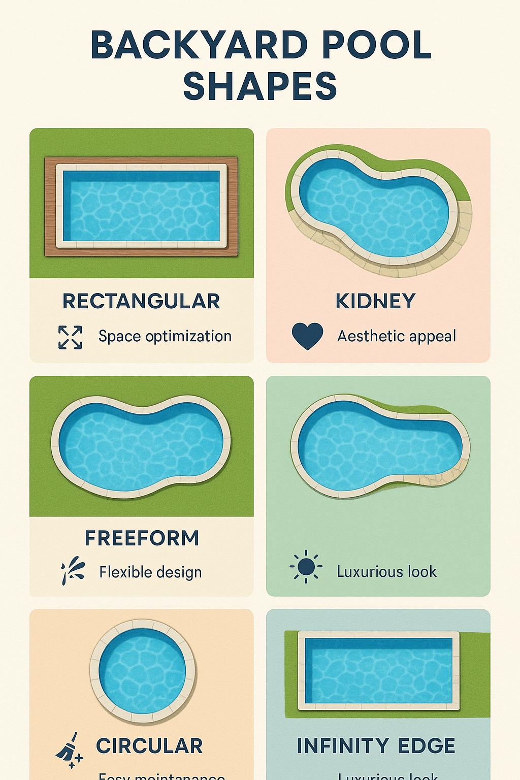 Backyard pool design ideas infographic showing five pool shapes and their benefits for outdoor livin