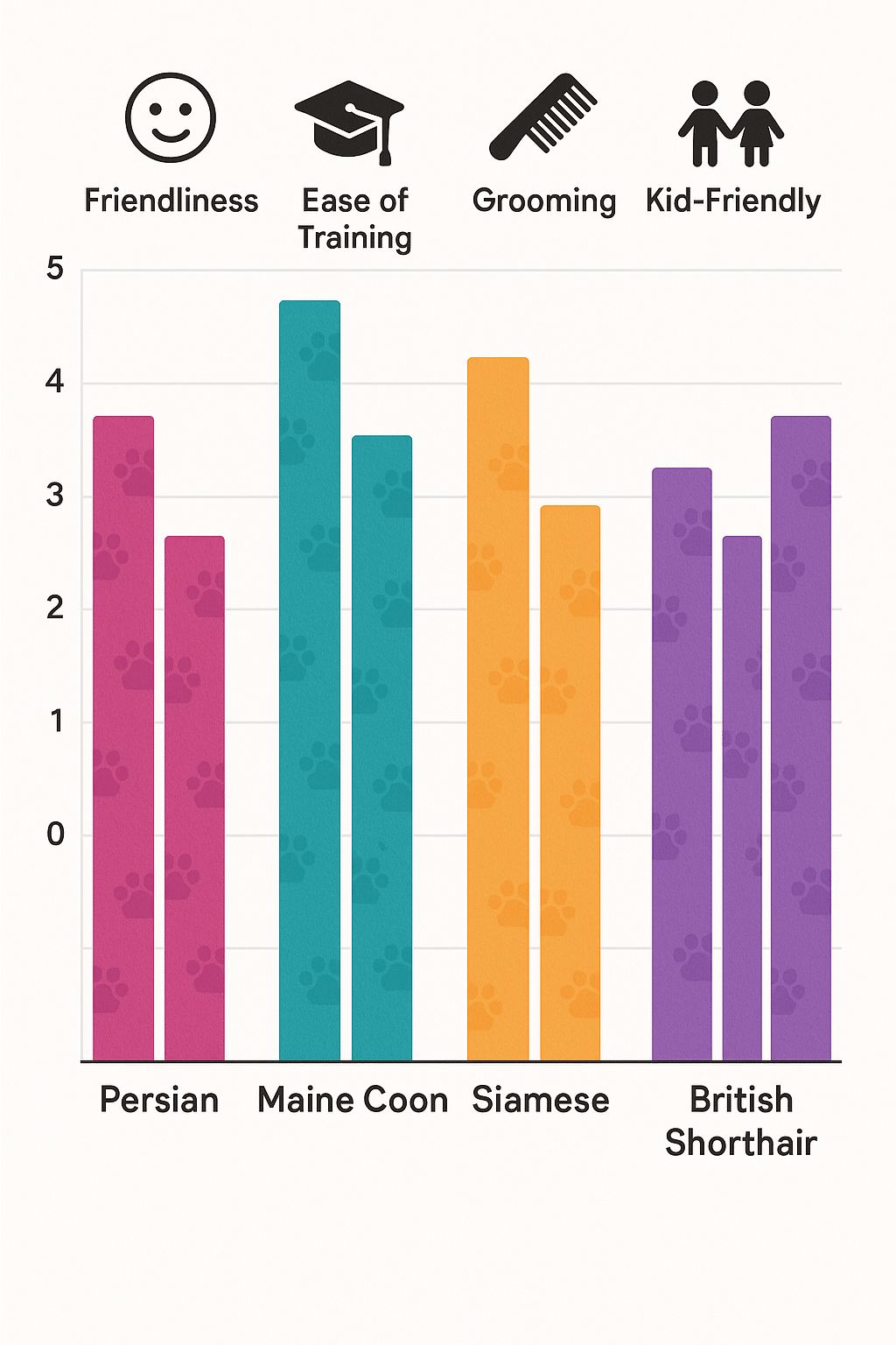 Bar chart comparing popular cat breeds by friendliness training ease grooming and family suitabil