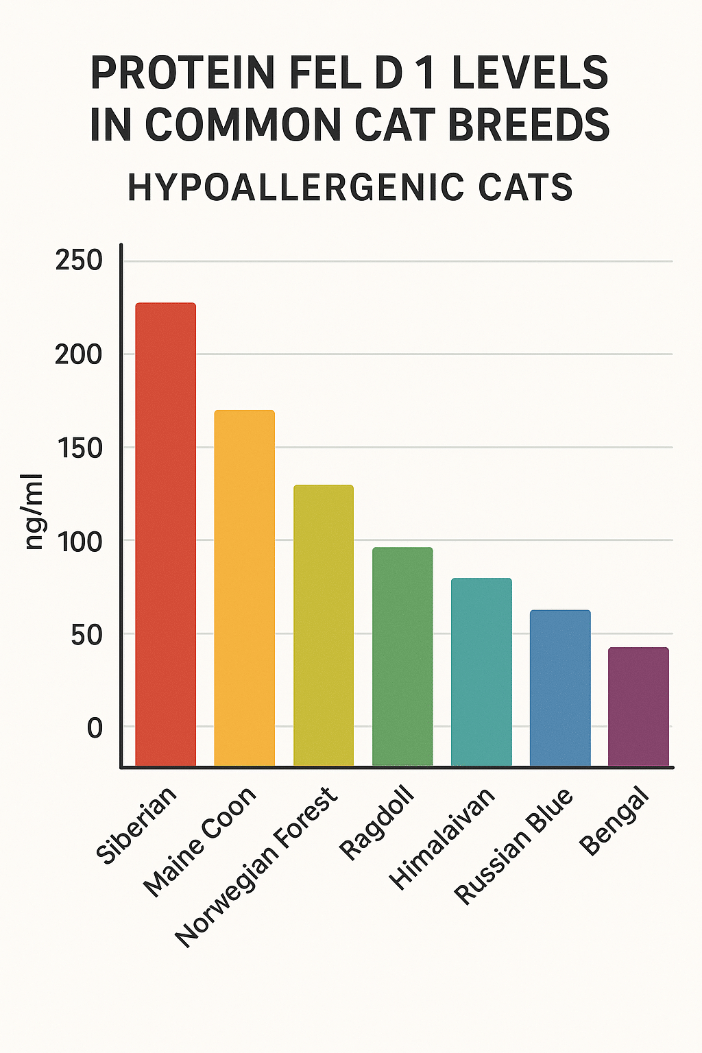 Bar chart showing Fel d 1 allergen levels in hypoallergenic cats versus common breeds