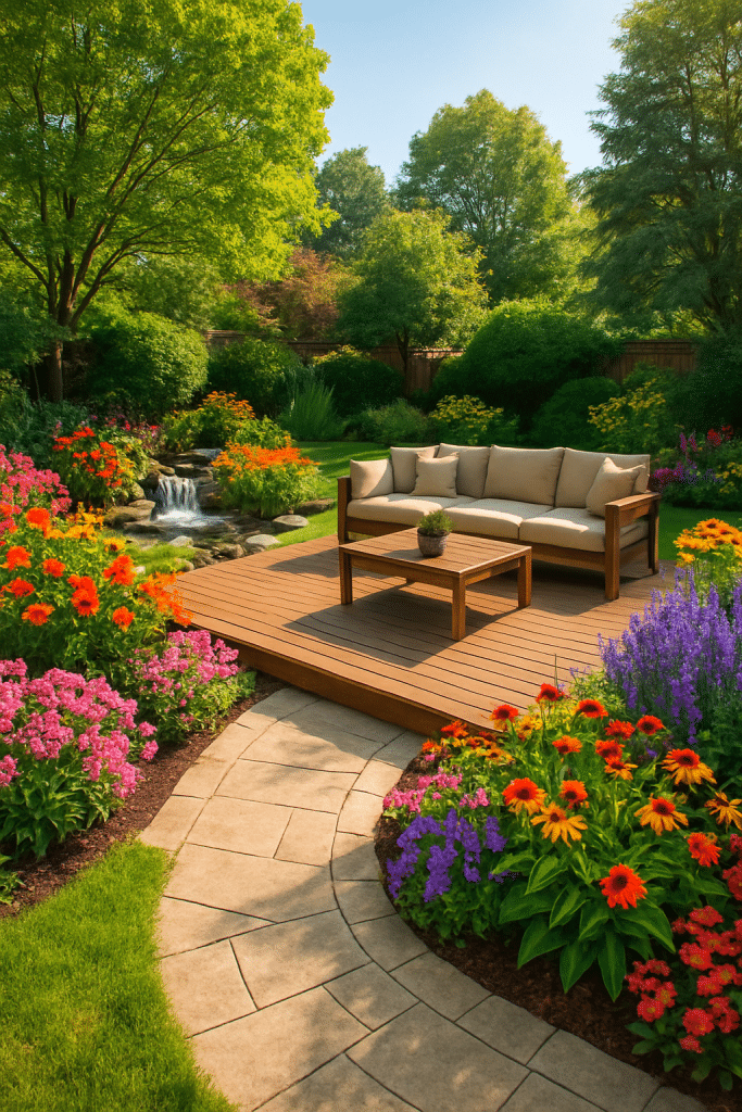Beautiful backyard landscaping ideas showcasing a harmonious outdoor living space with deck and garden.