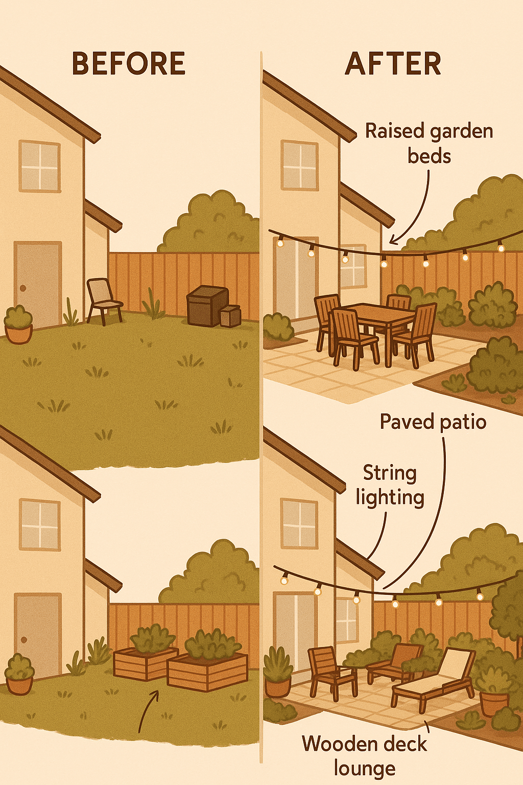 Before and after backyard makeover ideas diagram showing garden beds patio lighting and deck