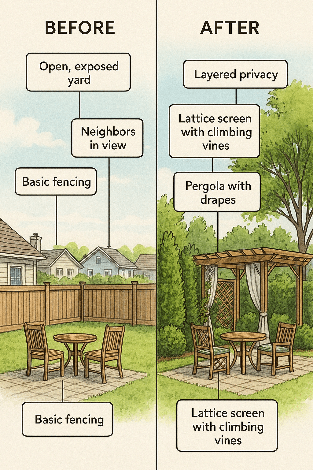 Before and after backyard privacy ideas using plants and screens for enhanced outdoor living