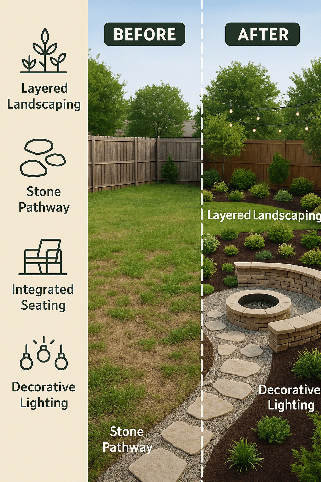 Before and after backyard transformation infographic showcasing backyard design ideas