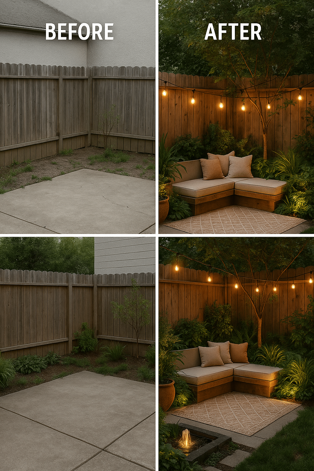 Before and after comparison of a transformed small backyard design with greenery and cozy seating