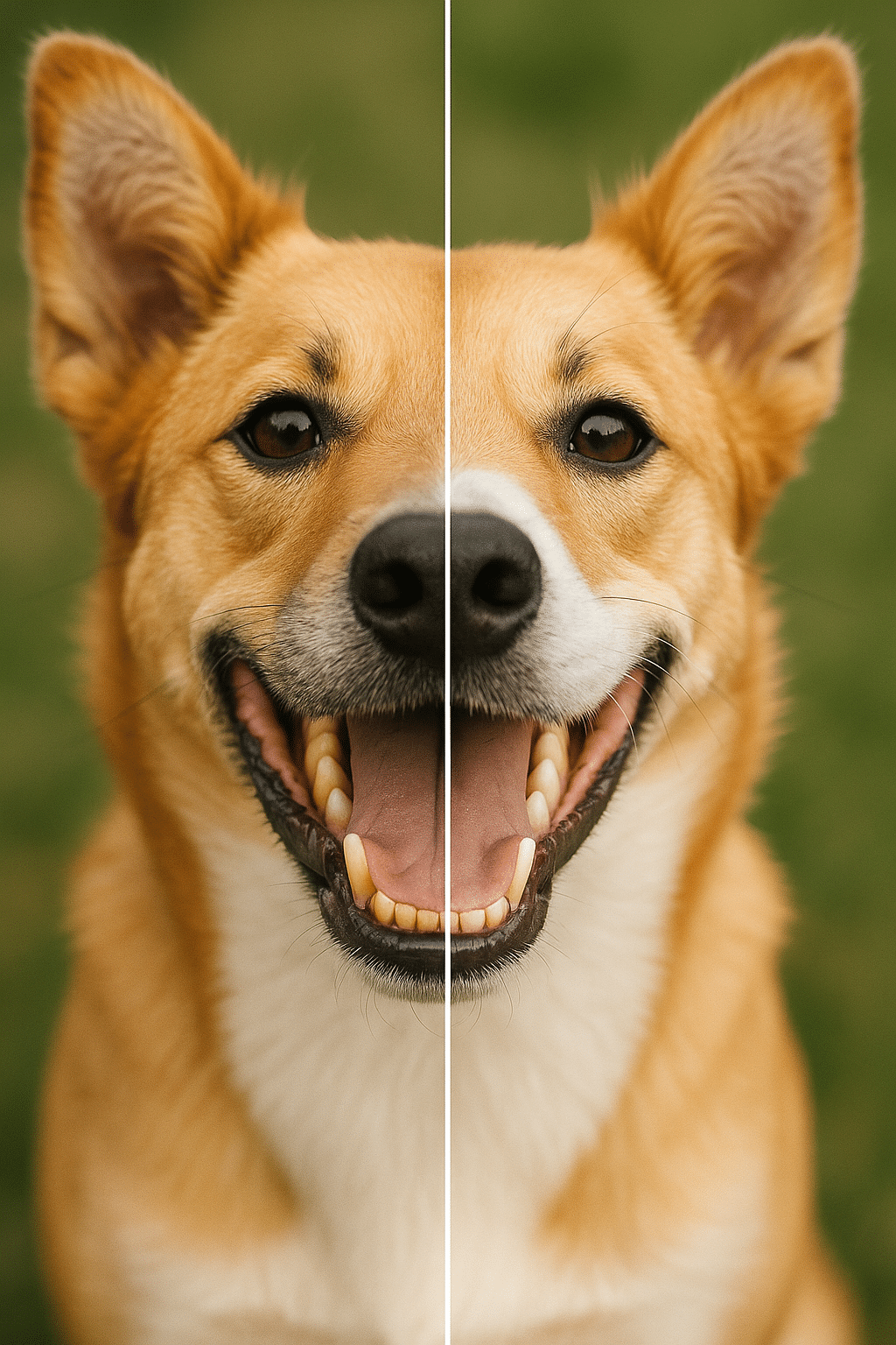 Before and after images showing effects of dog dental care on teeth and gums