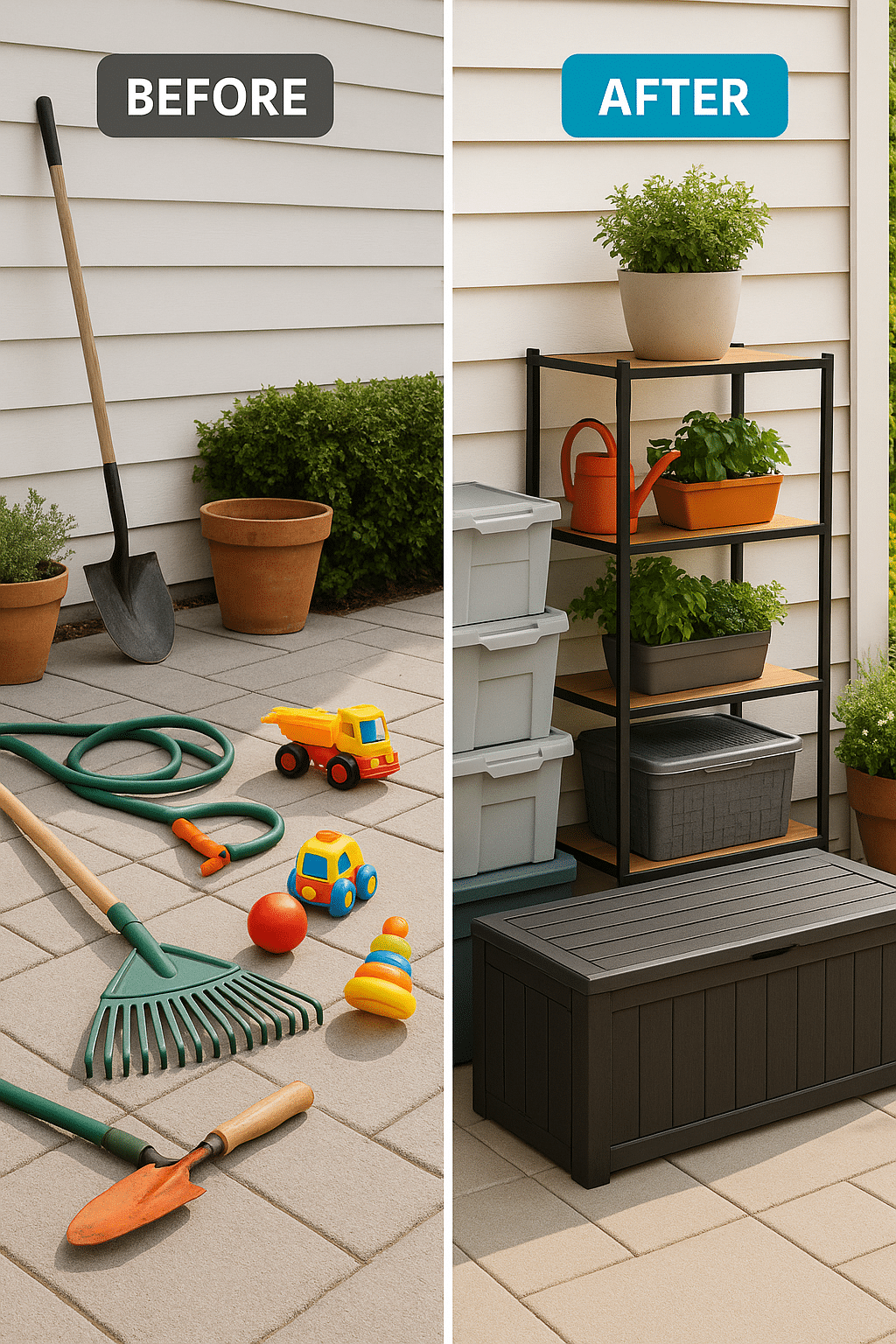 Before and after outdoor storage solutions showing organized patio with storage furniture