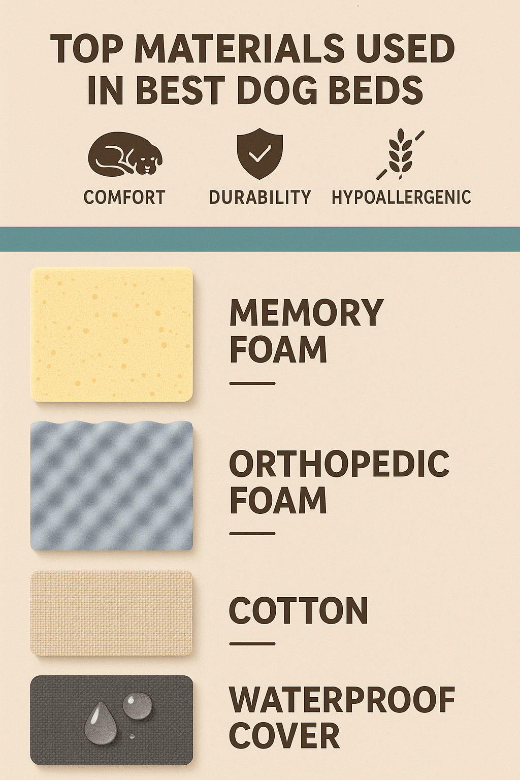 Best dog beds materials orthopedic foam memory foam cotton waterproof cover infographic