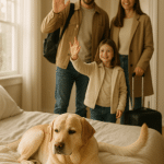Calm dog resting peacefully as family prepares to leave, symbolizing separation anxiety in dogs management