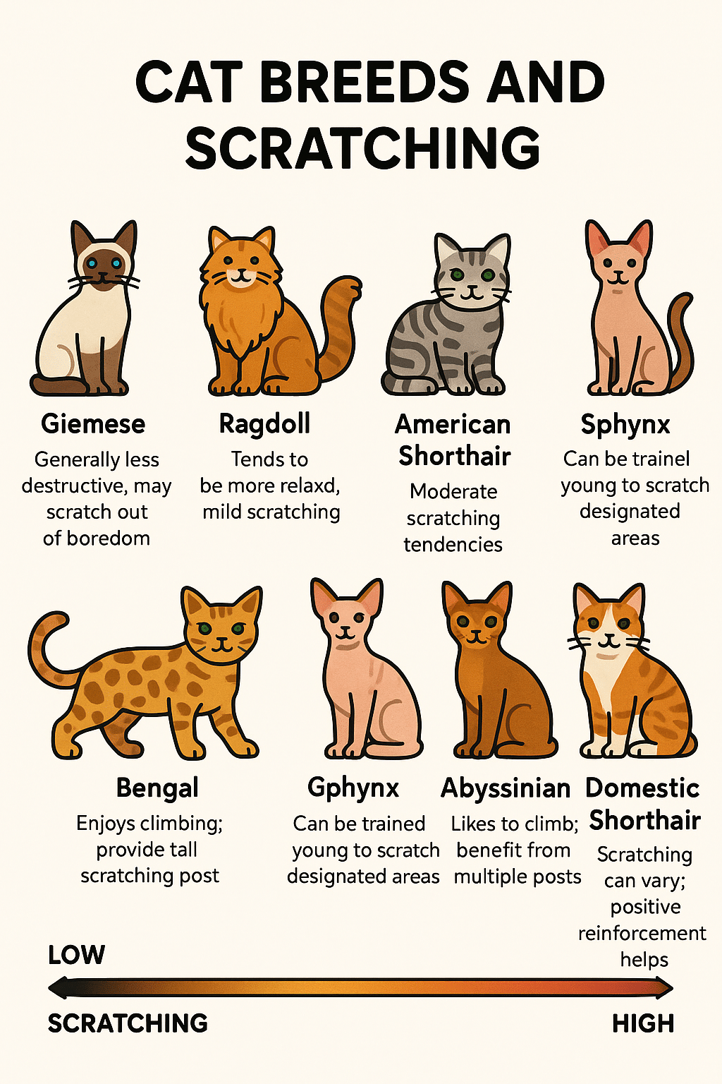 Cat breed behavior chart showing variations to help stop cat scratching furniture