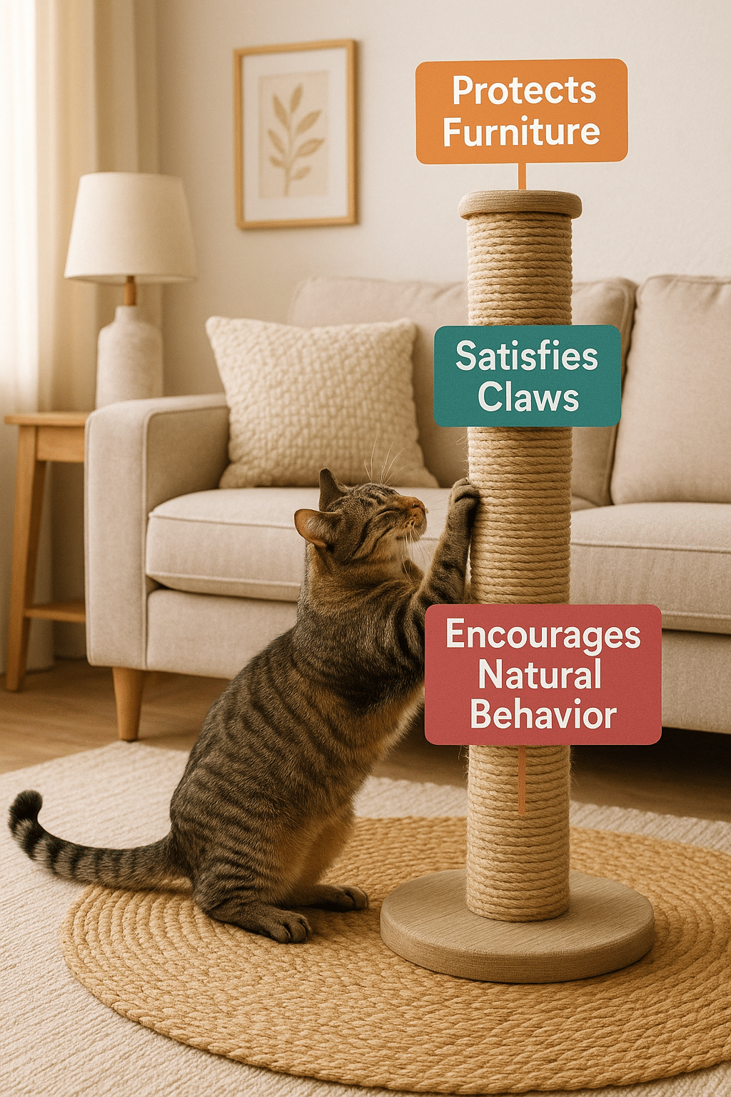 Cat using scratching post to stop cat scratching furniture and protect home furniture