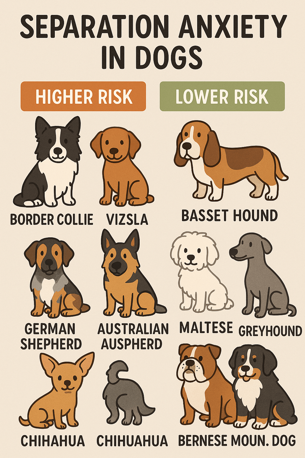 Chart comparing dog breeds with higher and lower risk of separation anxiety in dogs