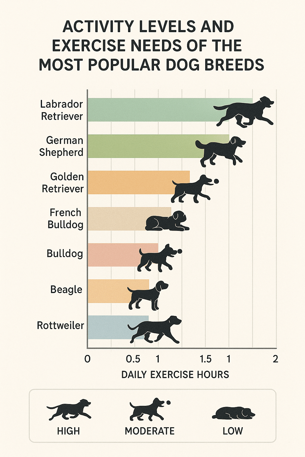 Chart comparing exercise needs of most popular dog breeds for family guidance