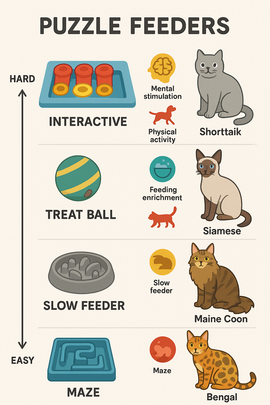 Chart comparing puzzle feeders with cat enrichment ideas for mental and physical stimulation
