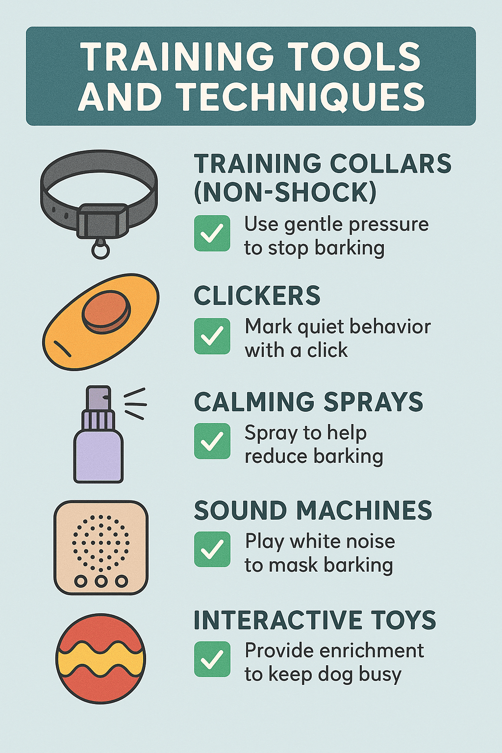 Checklist of training tools and techniques to help pet owners learn how to stop dog barking