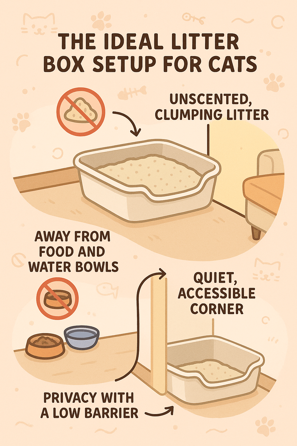 Clear infographic showing optimal litter box setup for litter box training cats