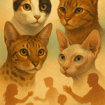 Close-up collage of rare cat breeds faces with family silhouettes symbolizing pet ownership and care for rare cat breeds