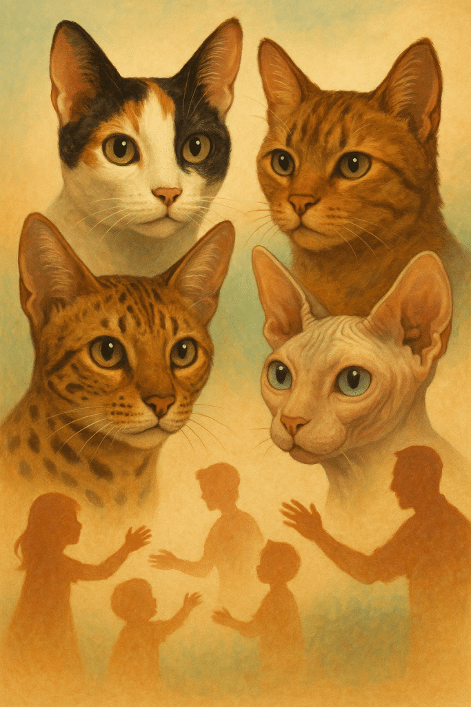Close-up collage of rare cat breeds faces with family silhouettes symbolizing pet ownership and care for rare cat breeds