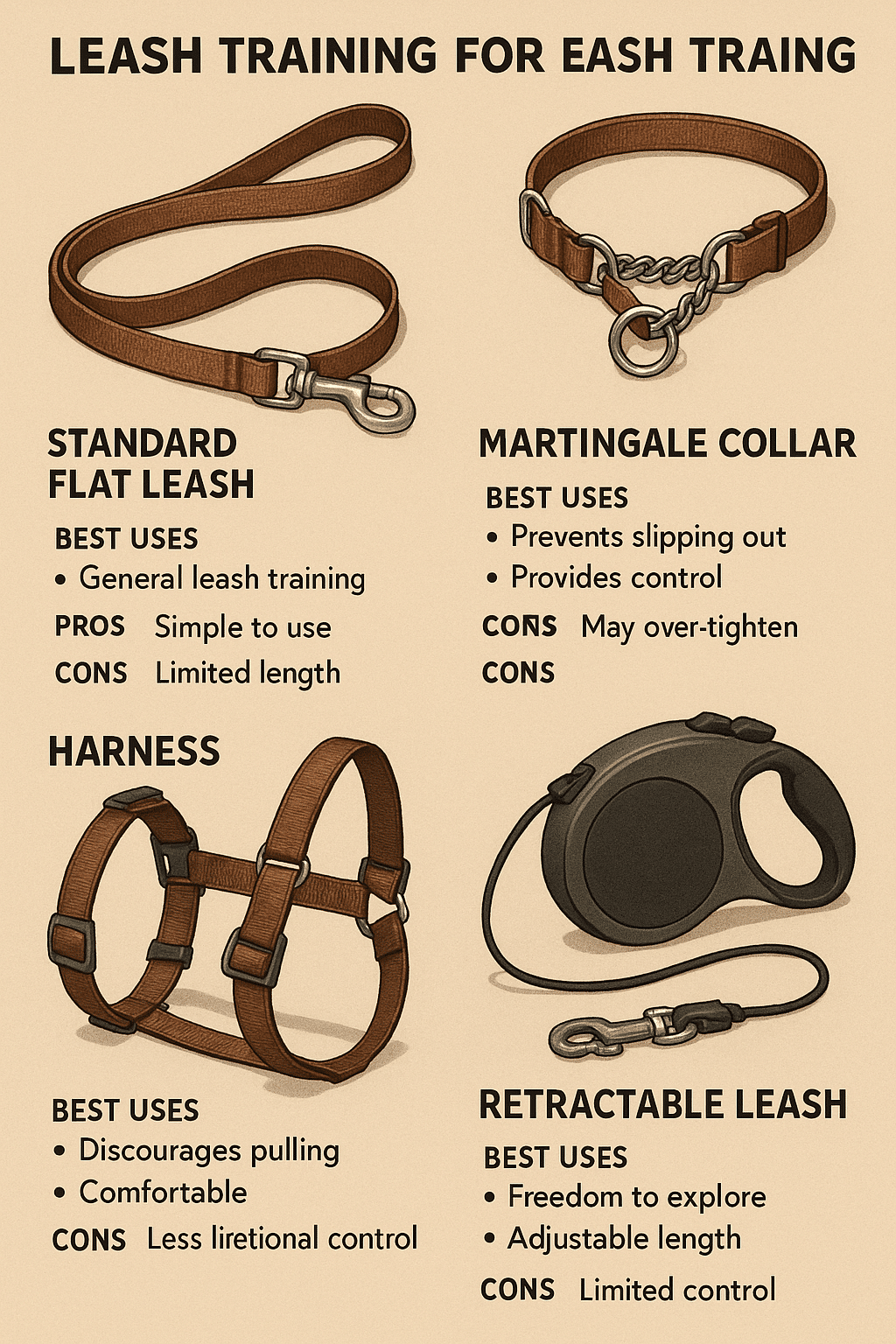Close up illustration of leashes and collars ideal for leash training a dog with detailed labels