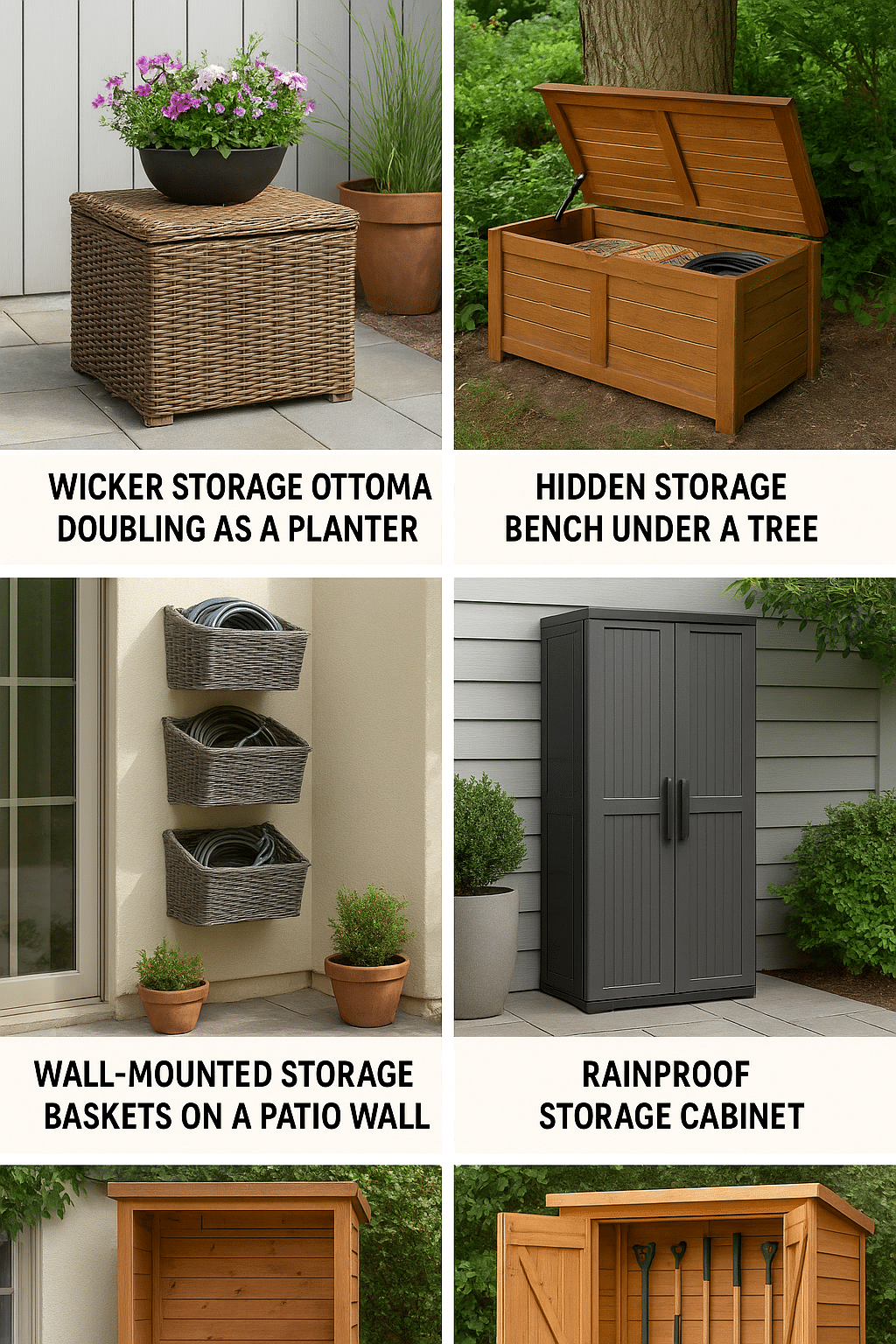 Collage of creative outdoor storage solutions including ottoman bench baskets cabinet and shed