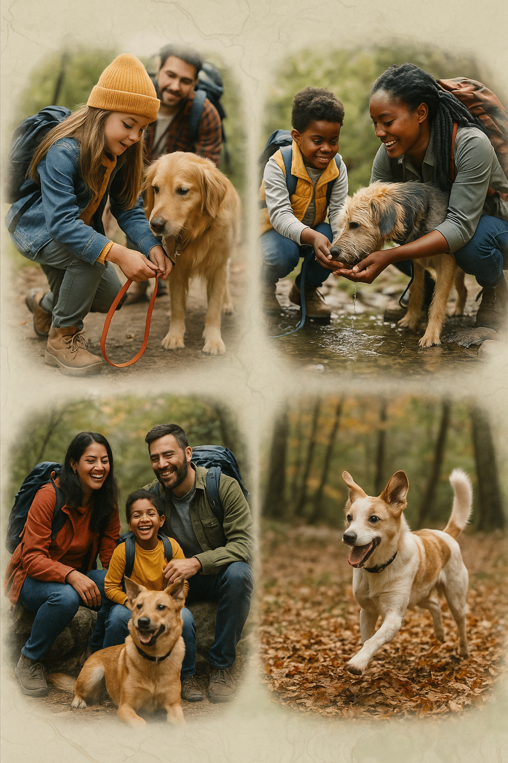 Collage of families and dogs enjoying dog friendly hiking trails together outdoors