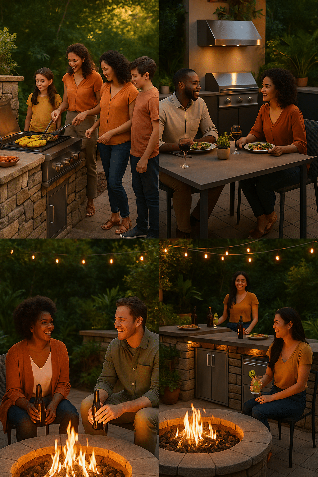 Collage of homeowners enjoying various creative outdoor kitchen designs including rustic modern an