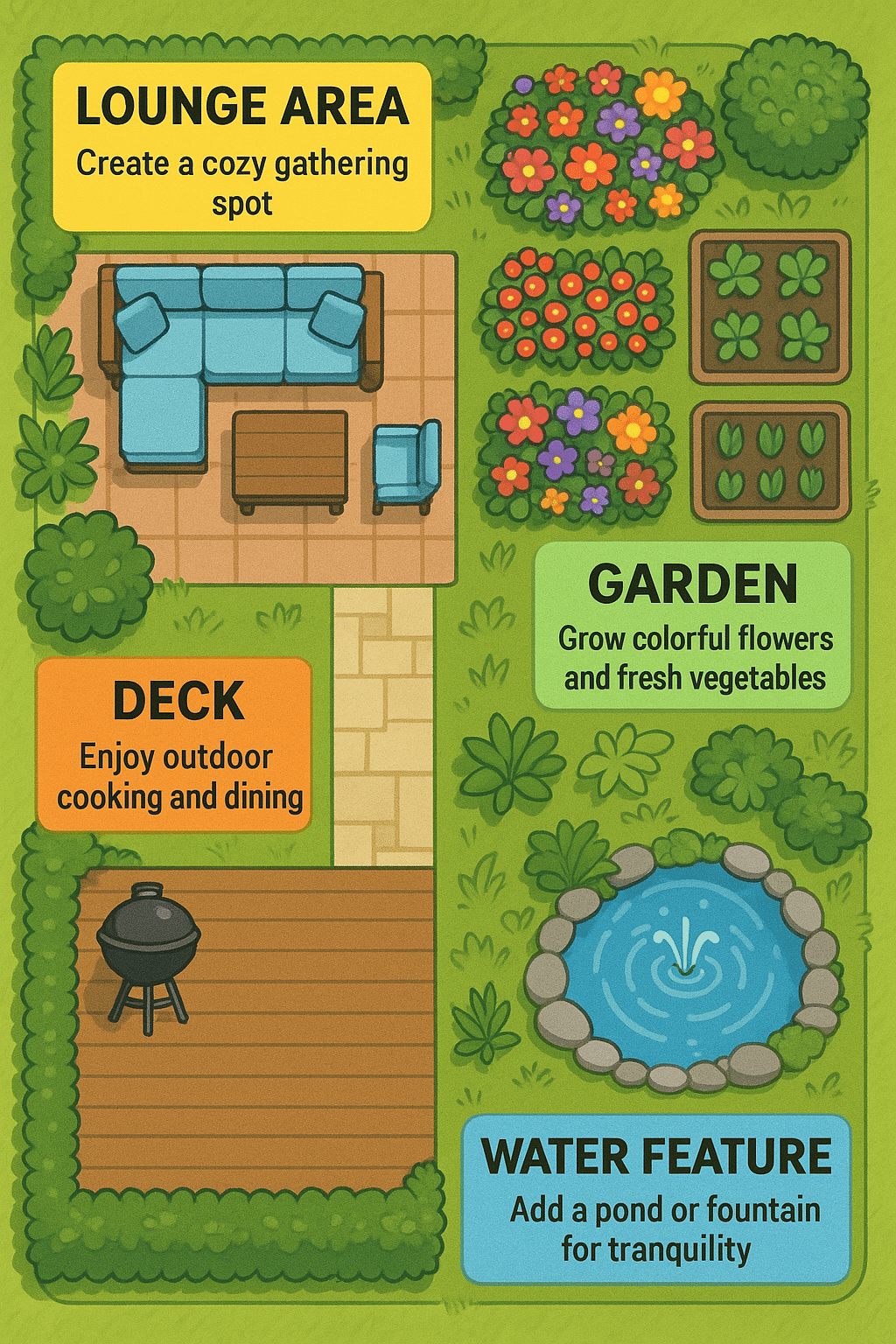 Color coded backyard layout diagram highlighting creative backyard design ideas for homeowners