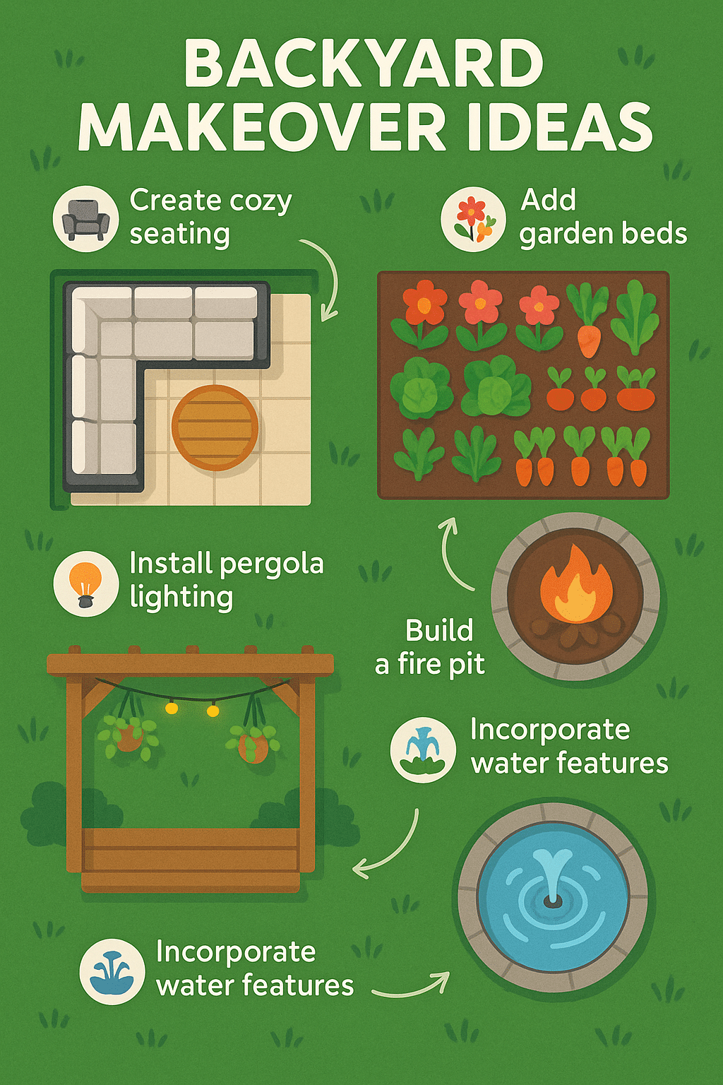 Colorful infographic showing backyard makeover ideas with seating garden fire pit pergola and wa