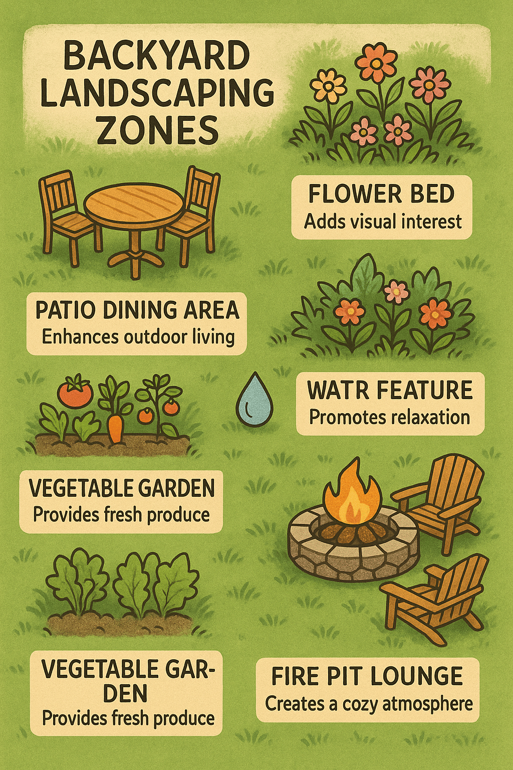 Colorful infographic showing five backyard landscaping ideas zones for creative outdoor living