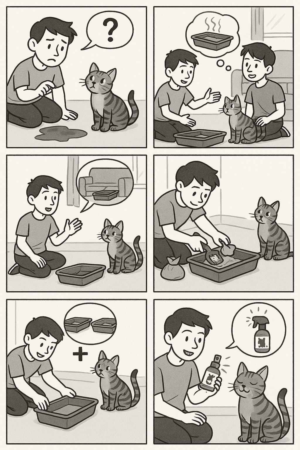 Comic storyboard explaining how to fix cat litter box behavior problems for families