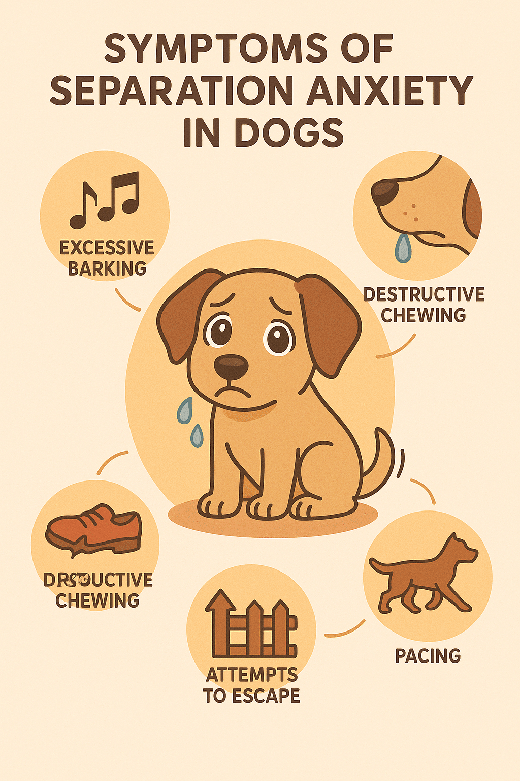 Common symptoms of separation anxiety in dogs illustrated around a stressed cartoon dog