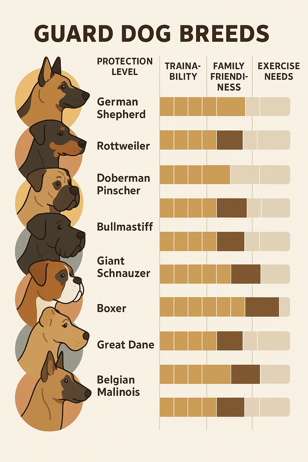 Comparative chart ranking guard dog breeds by protection trainability friendliness and