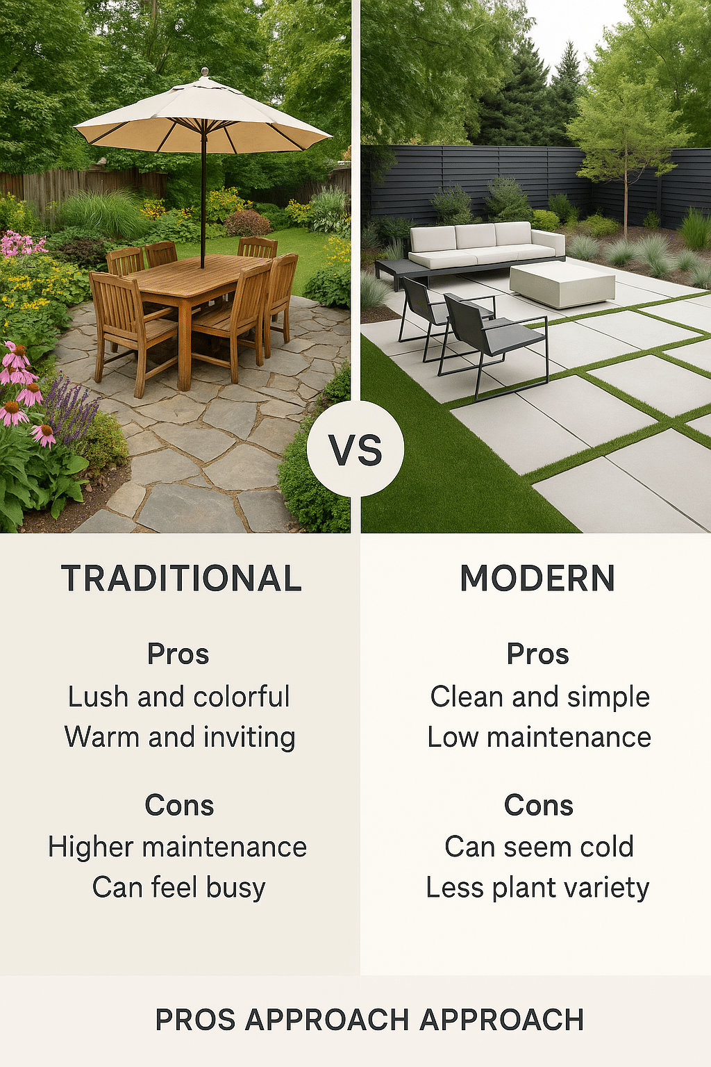 Comparative graphic displaying traditional vs modern backyard landscaping ideas for outdoor living