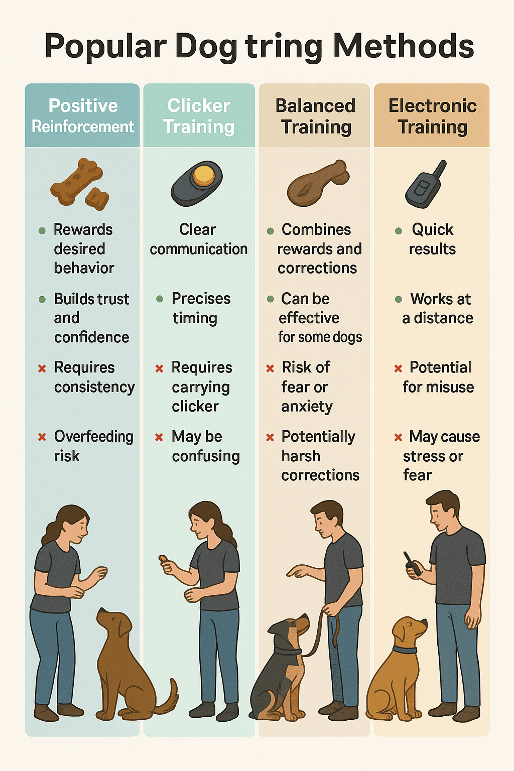 Comparison chart of best dog trainers near me showing popular training methods with pros and cons