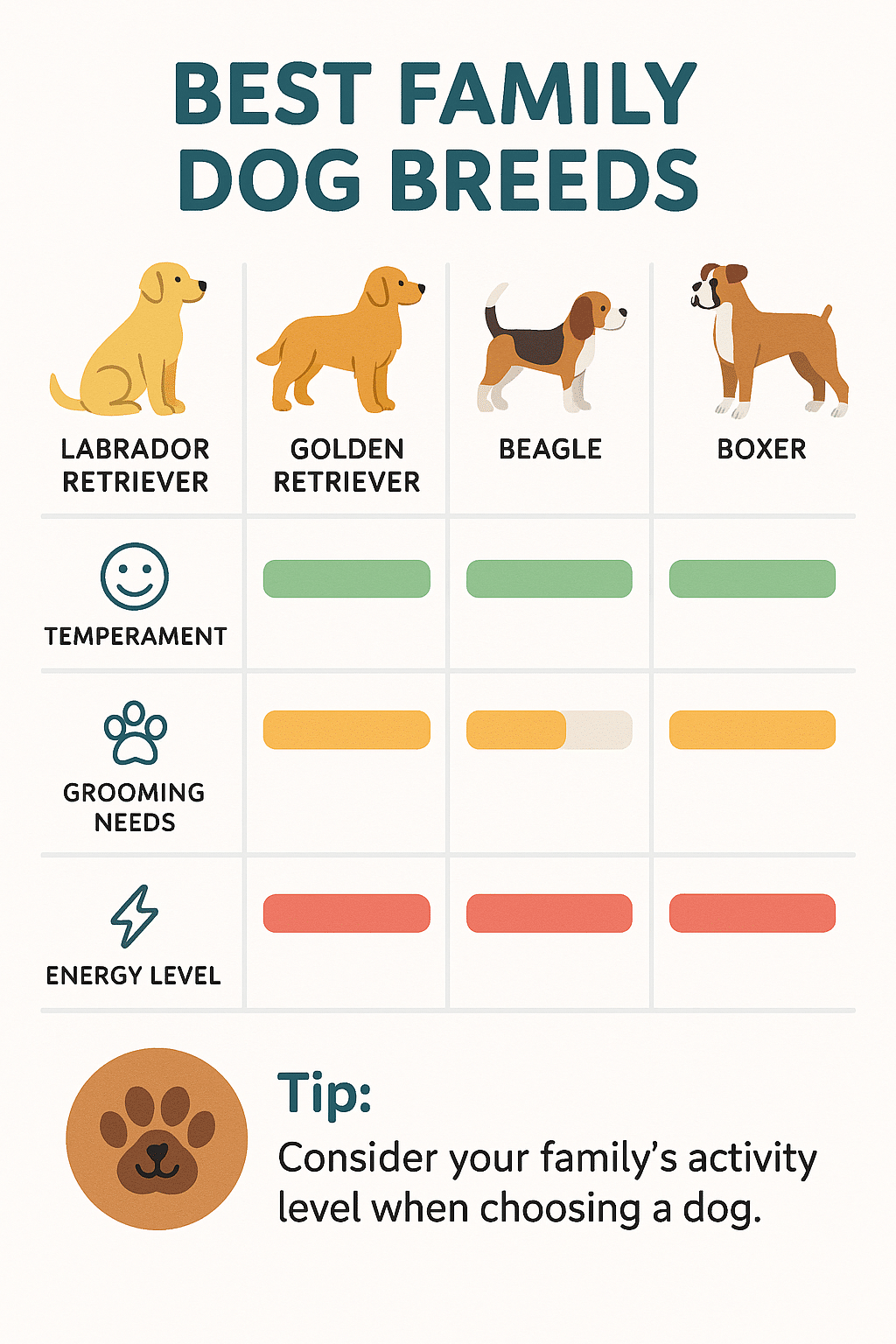 Comparison chart of best family dogs showing temperament and grooming needs