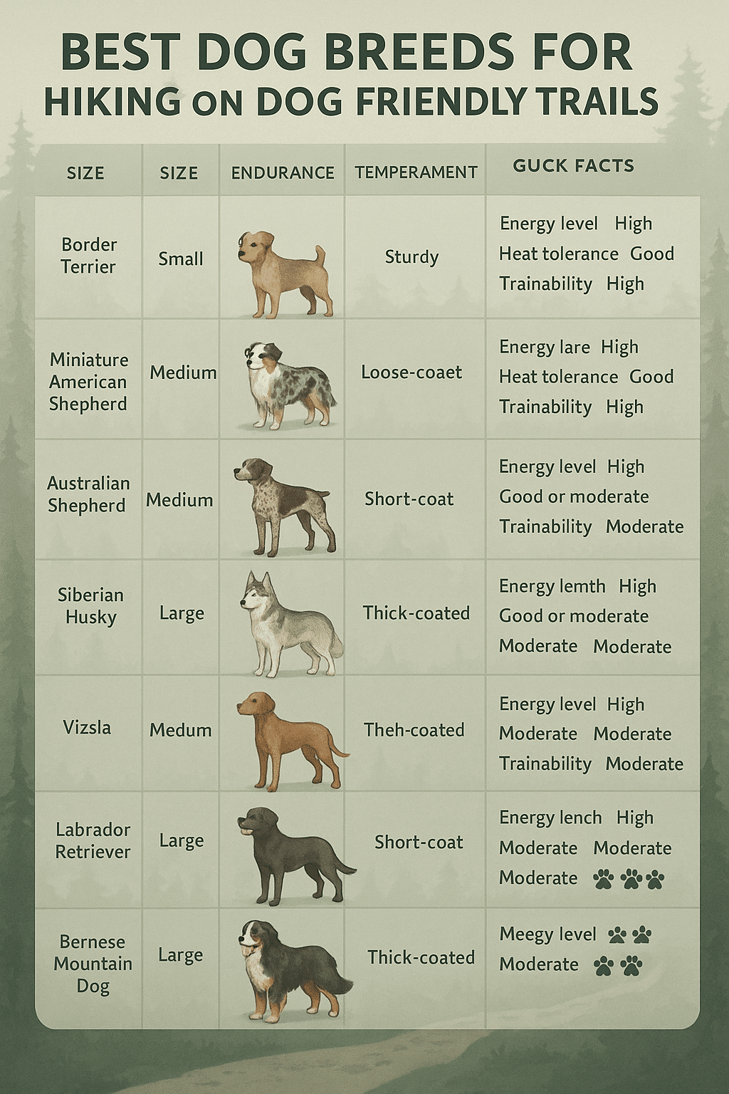 Comparison chart of dog breeds suitable for hiking on dog friendly trails by key traits