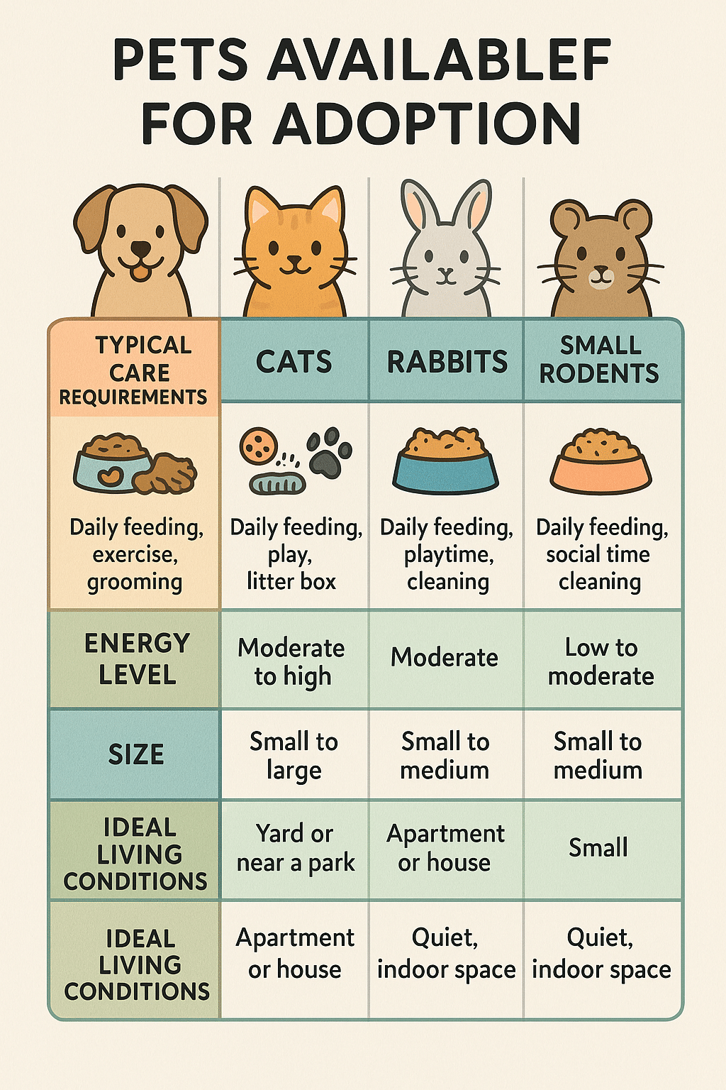 Comparison chart of pets available for pet adoption near me with care and living needs