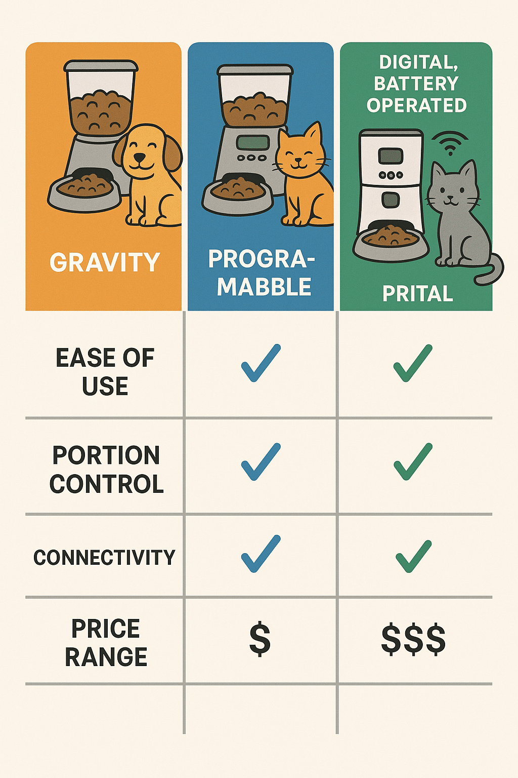 Comparison chart of types of automatic pet feeders for pet owners