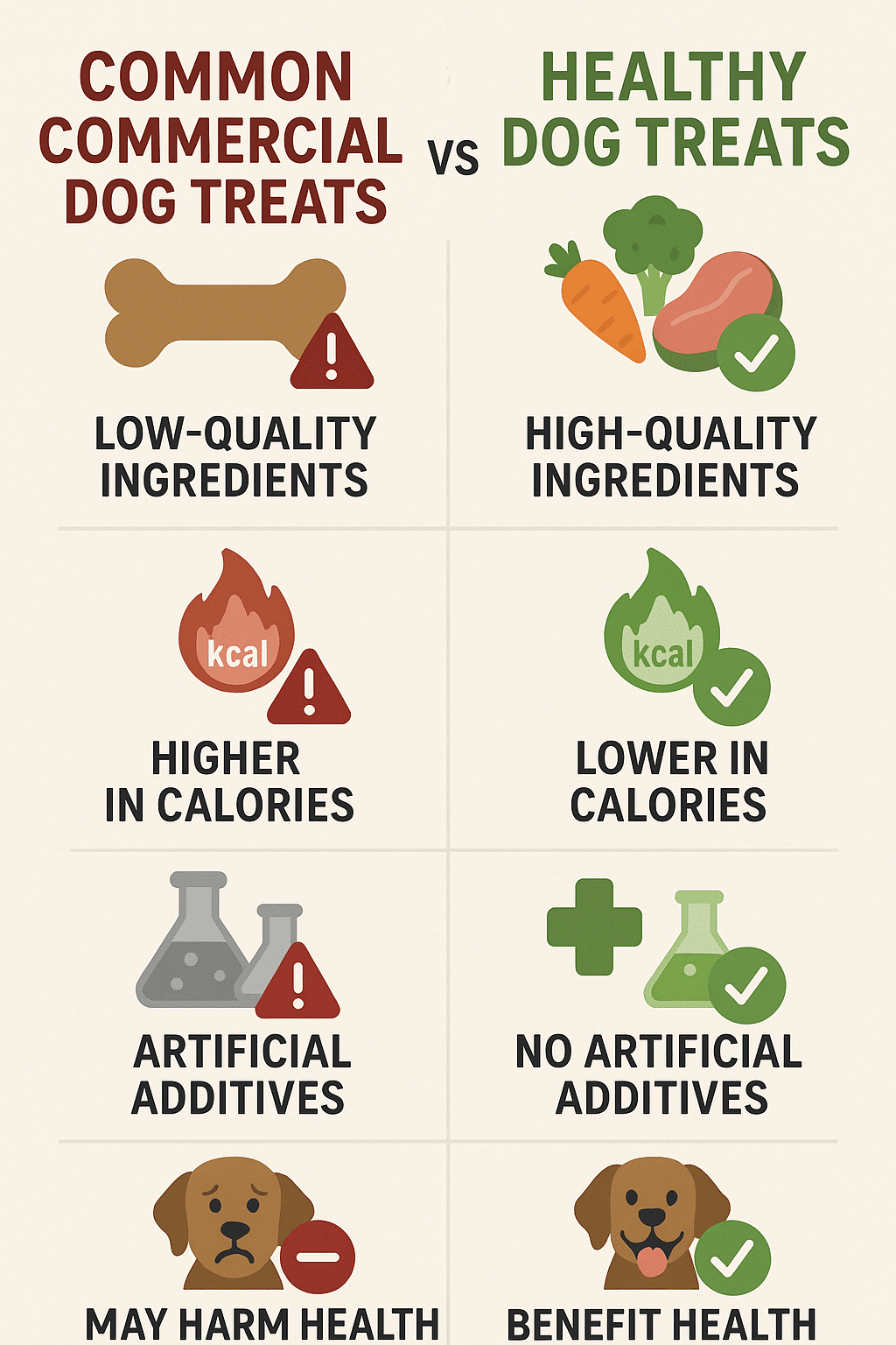 Comparison chart showing healthy dog treats versus common commercial dog treats