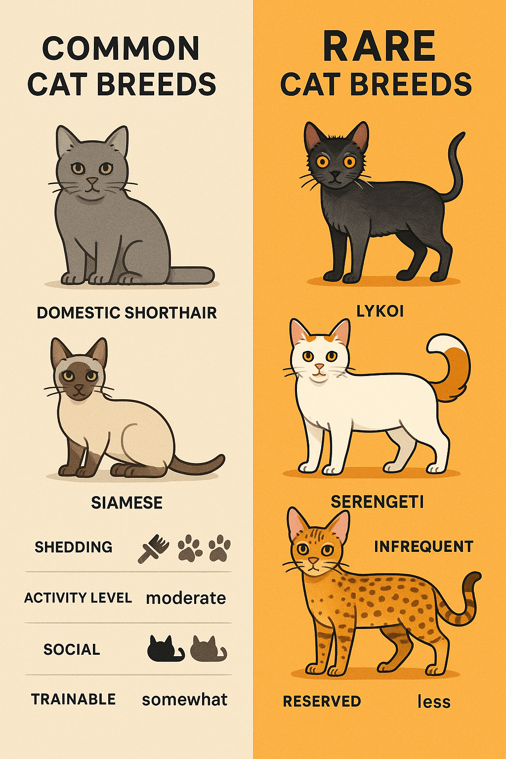 Comparison diagram highlighting traits of rare cat breeds versus common cats for families
