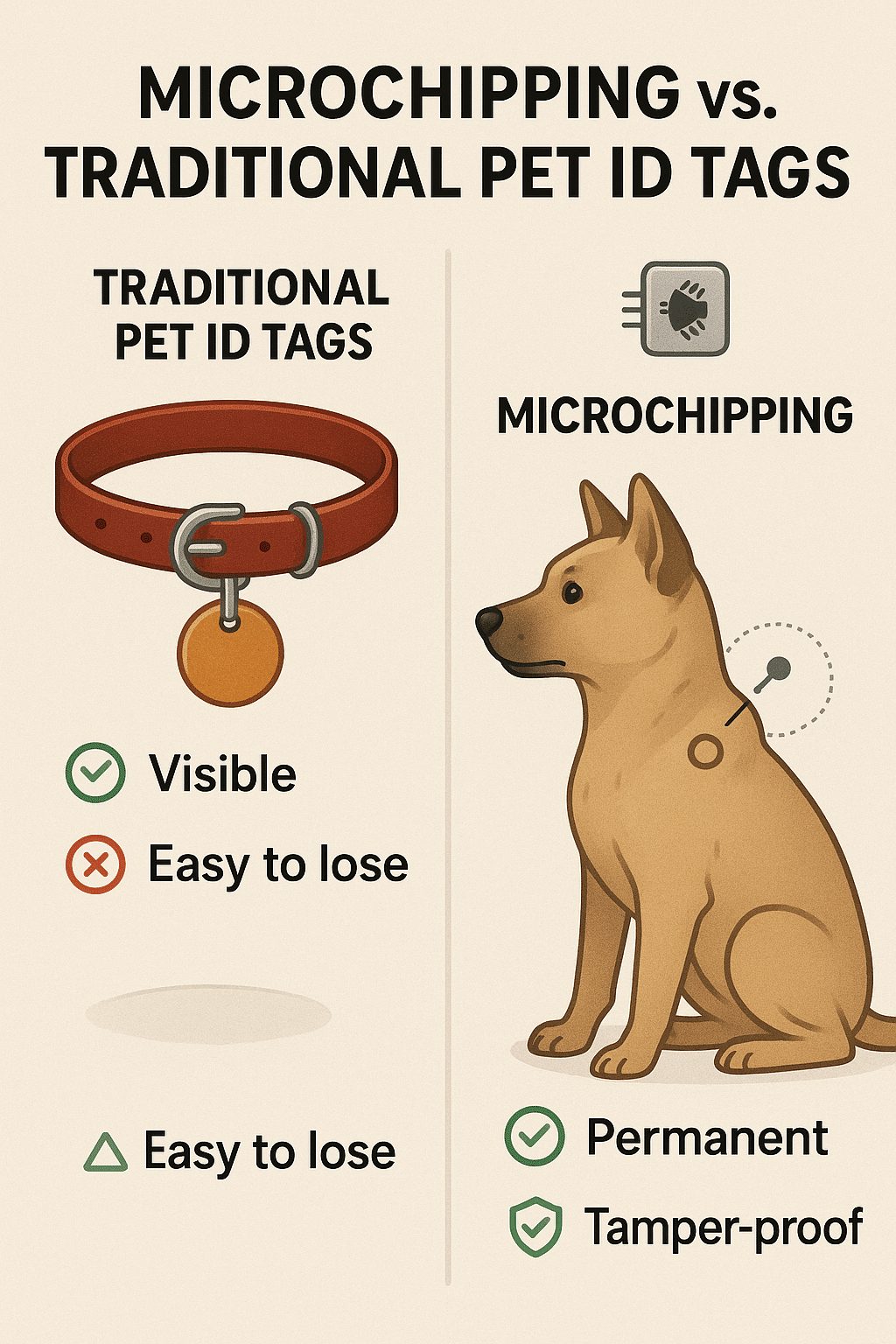 Comparison diagram showing benefits of microchipping pets versus traditional ID tags