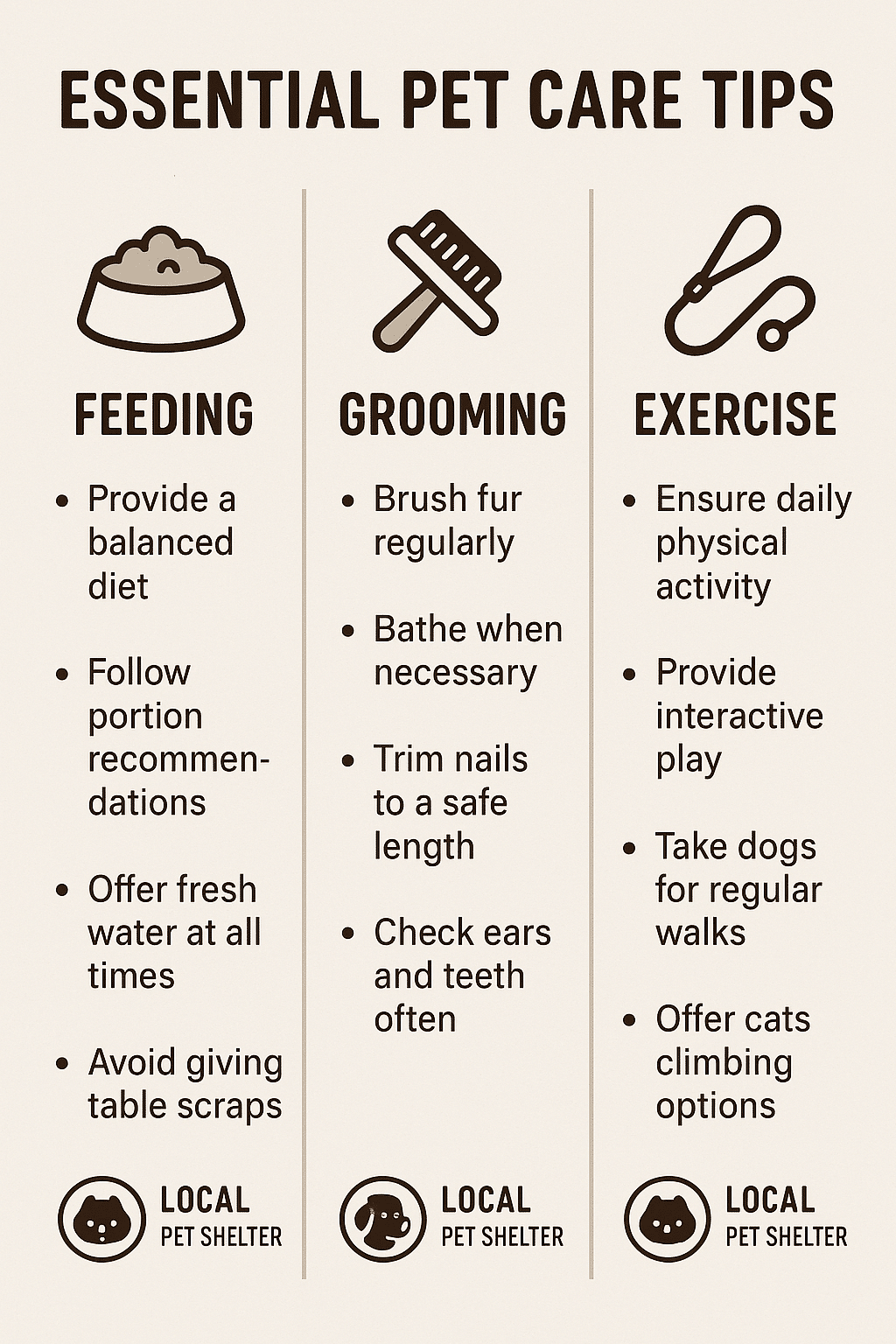 Comparison diagram showing pet care tips from pet shelters near me on feeding grooming