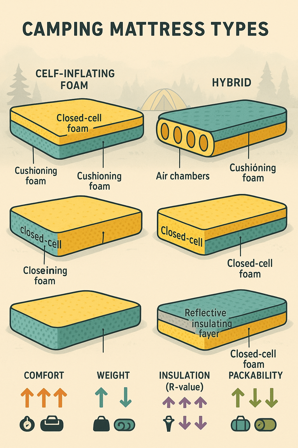 Comparison infographic showing layers and features of best camping mattresses for outdoor comfort
