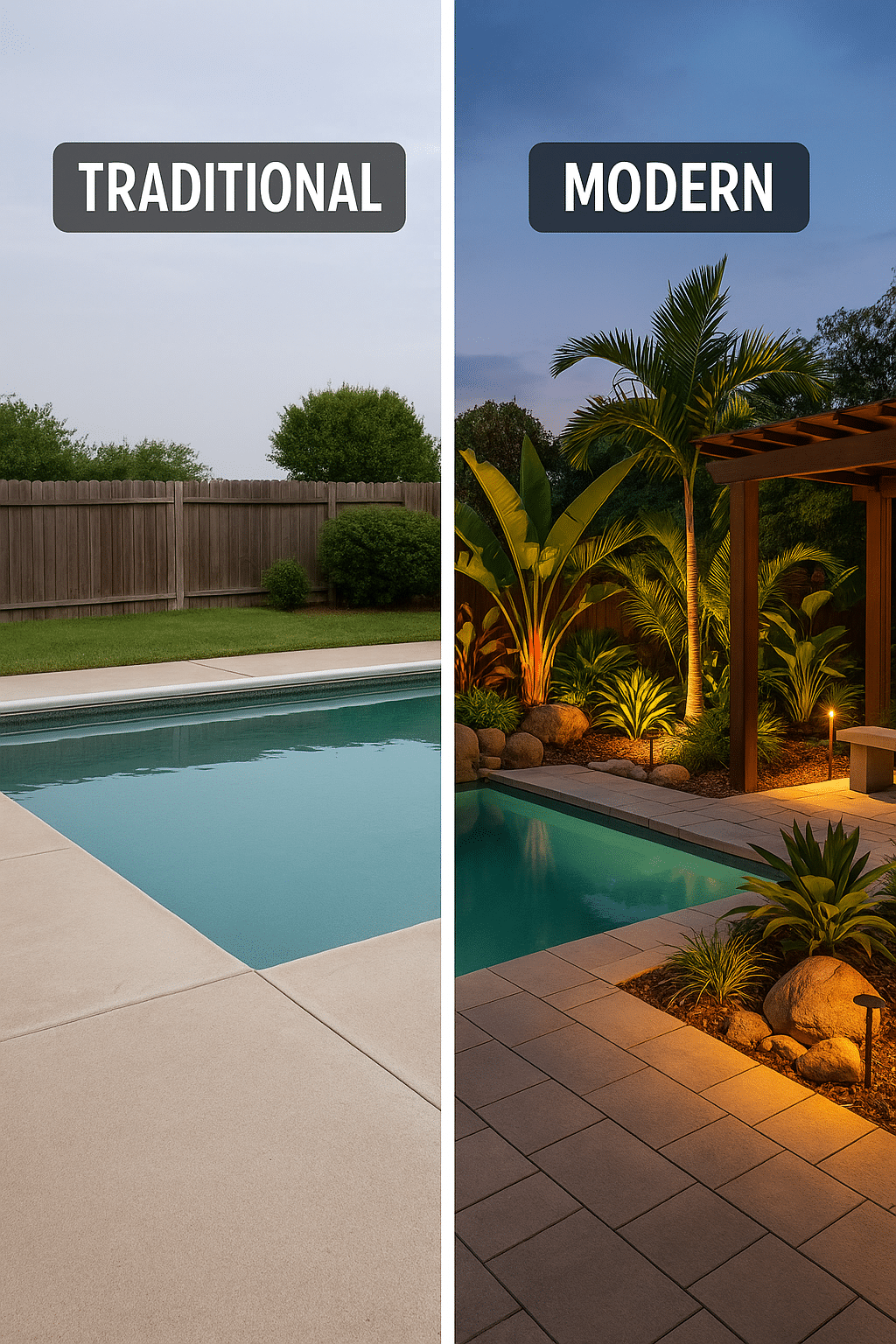 Comparison of backyard pool design ideas showing traditional versus modern landscaping styles